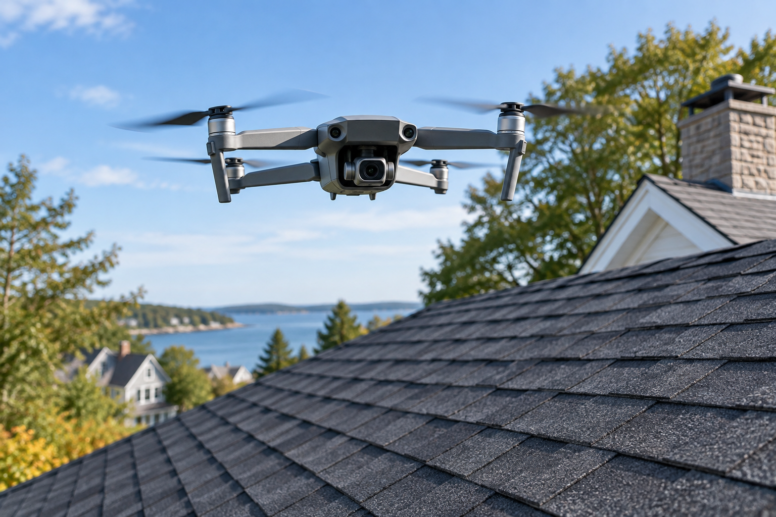 Illustration of a camera drone inspecting a shingle roof