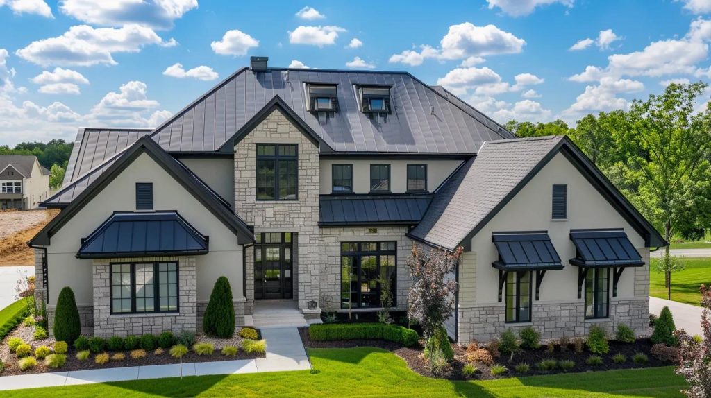 Professional wide-angle architectural photography showcasing a detailed comparison of different residential roofing materials in 16:9 aspect ratio. Split-screen composition featuring a beautiful suburban home with multiple roof sections, each displaying a different premium roofing material for comparison. Left section shows dark gray standing seam metal roofing with visible clean lines and weather-resistant panels. Center section features traditional three-tab asphalt shingles in charcoal or brown tones with typical overlapping pattern. Right section displays classic clay or concrete tile roofing in terracotta red or slate gray with distinctive curved Mediterranean-style tiles. Two-story traditional American home with light-colored siding, white trim, and energy-efficient windows. The different roofing materials are clearly visible and distinct, showing their unique textures, patterns, and finishes. Well-maintained property with green lawn, mature trees, flowering shrubs, and professional landscaping. Clear blue sky with few white clouds providing excellent natural lighting to showcase the roofing material details. The metal roof shows reflective properties and sleek modern appearance. Asphalt shingles display traditional residential aesthetic with granular texture. Tile roofing demonstrates classic elegance with dimensional depth and shadow lines. Suburban neighborhood context in background. The composition emphasizes durability, craftsmanship, quality installation, and long-lasting roofing solutions. Professional real estate photography quality, ultra-sharp focus on roofing details, vibrant natural colors, perfect exposure highlighting material differences. Wide horizontal format ideal for educational comparison and hero image showcasing roofing material options and longevity.