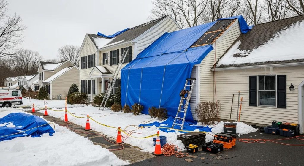 Professional documentary-style architectural photography of emergency roofing repair in action during winter storm aftermath in 16:9 aspect ratio. Two-story New England style home with urgent roof damage being addressed by professional crew. Large blue waterproof emergency tarp securely fastened over damaged roof section with visible rope tie-downs and weighted edges preventing further water intrusion. Section of dark brown or gray asphalt shingles showing storm damage with missing shingles, exposed underlayment, and compromised flashing. Heavy snow accumulation on undamaged roof portions with visible ice dam formation along gutters creatingicicles. Aluminum extension ladder positioned securely against house with safety equipment visible. Orange traffic cones and caution tape marking work area for safety. Professional roofing tools and materials organized on ground including extra tarps, rope coils, bundles of emergency shingles, and toolboxes. Fresh snow covering front yard and driveway with cleared path to work area. Overcast gray winter sky suggesting recent storm passage. White or cream vinyl siding on home with black shutters. Bare deciduous trees in background. Emergency repair truck or van partially visible suggesting 24-hour service response. The blue tarp contrasts dramatically against white snow and dark shingles emphasizing emergency nature of situation. Suburban Massachusetts neighborhood setting with similar homes visible showing storm impact. Composition emphasizes rapid emergency response, professional storm damage mitigation, temporary protective measures, urgent repair needs, and reliable contractor service. Professional photojournalistic quality with sharp focus on tarp installation details and damage assessment. Natural overcast lighting with muted winter color palette. Wide horizontal format perfect for emergency roofing services, 24-hour repair response, and storm damage restoration content.