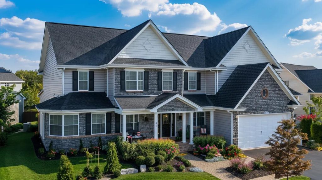 Professional wide-angle architectural photography showcasing top durable roofing solutions and materials in 16:9 aspect ratio. Beautiful large two-story traditional American home displaying three distinct premium roofing sections for comprehensive material comparison. Main front section features sleek standing seam metal roofing in dark charcoal gray with visible raised seams demonstrating modern durability and weather resistance lasting 40-70 years. Left wing displays classic dimensional architectural asphalt shingles in warm brown or weathered gray tones showing traditional residential aesthetic with layered shadow lines and granular texture representing 20-30 year lifespan. Right section showcases elegant S-tile clay roofing in natural terracotta red with characteristic curved Mediterranean profile demonstrating exceptional 50-100 year longevity and fire resistance. Traditional craftsman-style home architecture with cream colored lap siding, white decorative trim, black shutters, large double-hung windows, covered front porch with columns, and welcoming brick walkway. Each roofing material section clearly visible showing distinct installation patterns, textures, and quality characteristics under optimal lighting. Professional installation quality evident in precise alignment, proper flashing details, and clean ridge caps on all sections. Well-maintained property with vibrant green manicured lawn, mature shade trees, colorful flowering shrubs, mulched garden beds, and professional landscaping. Clear bright blue sky with scattered white clouds during golden hour creating warm natural light that highlights roofing material textures and reflective properties of metal section. Clean white gutters and downspouts visible on all sections. Suburban neighborhood context with other well-maintained homes visible in background. Small portable ladder leaning against garage suggesting professional maintenance access. The composition emphasizes material durability comparison, longevity differences, installation quality, weather resistance, and long-term value for homeowners. Professional real estate photography quality, ultra-sharp focus revealing individual shingle granules and metal panel details, vibrant saturated natural colors, perfect exposure balance, aspirational yet achievable home improvement aesthetic. Wide horizontal format ideal for durable roofing solutions hero image showcasing best long-lasting residential roofing materials and professional installation craftsmanship.