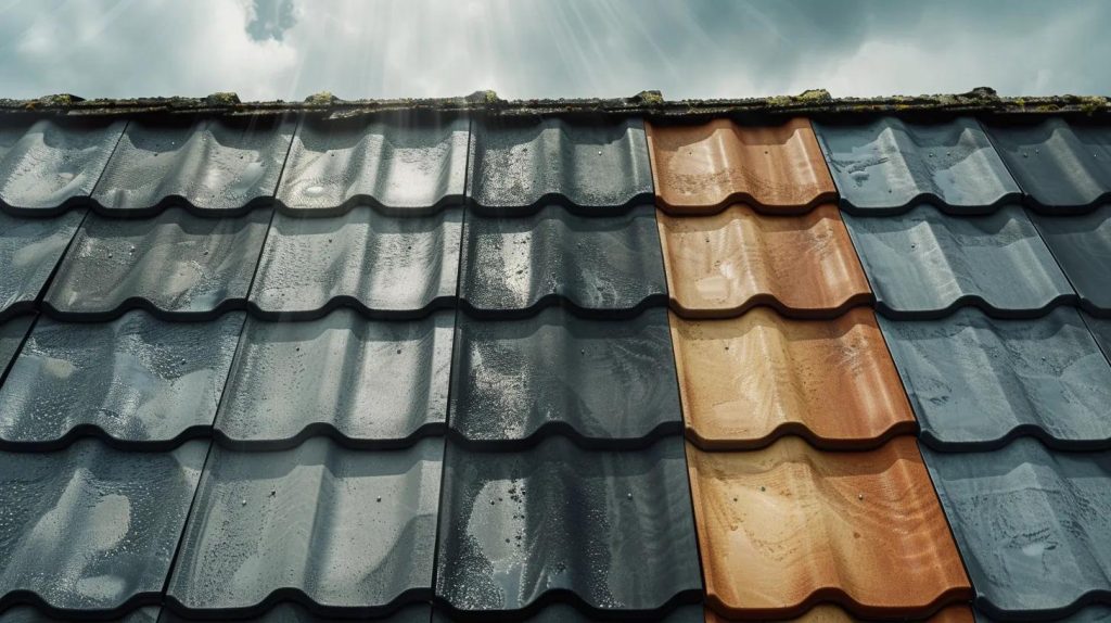 Realistic interior photography, close-up architectural detail shot of a residential rooftop showcasing four distinct roofing material sections side by side, weathered natural slate tiles, terracotta clay tiles, standing seam metal panels in charcoal grey, and dimensional asphalt shingles, dramatic overcast sky with rays of sunlight breaking through clouds illuminating the varied textures and surfaces, rain droplets visible on the metal panels highlighting water resistance, moss and aged patina on the slate suggesting longevity, photorealistic, shallow depth of field with sharp foreground detail, high resolution, professional architectural exterior photography