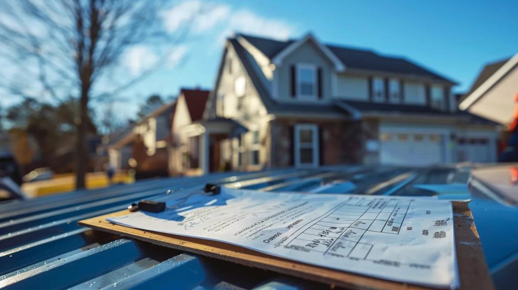 A high-quality, professional photograph of a roofing contractor's clipboard resting on a truck's tailgate in a typical New England suburban neighborhood. On the clipboard, a detailed roofing plan and a local building permit are visible. In the background, a residential home's roof is being worked on under a crisp, blue sky. The lighting is bright and natural, emphasizing transparency and community trust. No people, no text, 8k resolution, documentary photography style, sharp focus on the local permit and roofing materials.