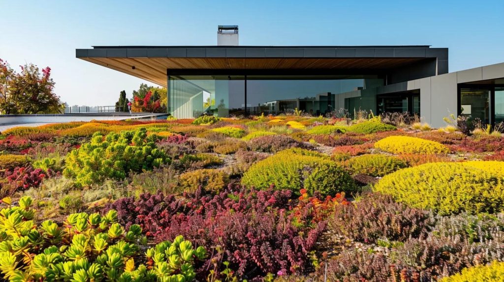 A high-angle, professional architectural photograph of an extensive green roof. The foreground shows a lush, textured carpet of various Sedum species and drought-resistant groundcover in shades of green, red, and yellow. In the background, the modern lines of a residential building meet a clear blue sky. The image highlights the soil layers and the drainage system at the edge. The lighting is bright and natural, emphasizing urban biodiversity and aesthetic appeal. No people, no text, 8k, photorealistic, sharp focus on the vegetation.