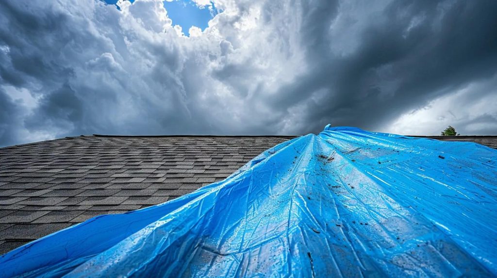 A high-quality architectural photograph of a residential grey asphalt shingle roof. A massive, heavy-duty blue waterproof tarp is securely fastened and stretched tight over a damaged section near the ridge. receding storm clouds dominate the background, but a clear patch of bright light is hitting the tarp, emphasizing its tight seal and moisture protection. The image conveys rapid, reliable emergency response. No people, no text, 8k resolution, documentary photography style, sharp focus on the textures of the tarp and shingles.
