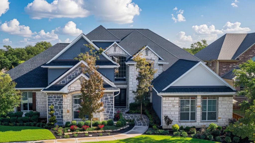 Wide-angle photo comparing three residential roofing types: standing seam metal in dark gray, three-tab asphalt shingles in charcoal, and terracotta clay or concrete tiles. Two-story home with light siding, white trim, landscaping, and clear sky — image highlights textures, finishes, and installation quality for an easy materials comparison.