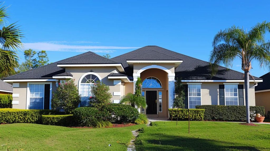 Beautiful residential home with well-maintained roof in excellent condition, architectural shingles in pristine state, clean roof surface free of debris, professional roofing quality visible, blue sky background, well-kept exterior showing proper roof care, natural daylight, curb appeal enhanced by roof maintenance, professional exterior photography, inviting family home, long-lasting roof investment, no text, no people whatsoever