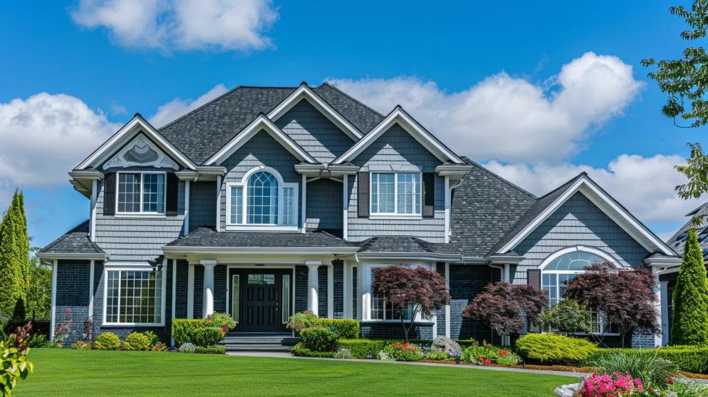 Straight-on eye-level view of well-maintained suburban home with pristine roof in excellent condition, architectural shingles in rich charcoal gray, clean gutters, professional landscaping, blue sky background, classic New England architecture, natural afternoon sunlight, professional residential photography, proper roof maintenance showcase, no text, no people whatsoever