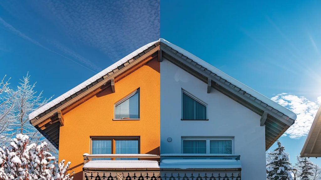 Creative split-screen composition: left half showing same house roof in bright summer sunshine with clear blue sky, right half showing identical view in winter with snow coverage, dramatic seasonal contrast, professional comparative photography, year-round maintenance visualization, no text, no people whatsoever