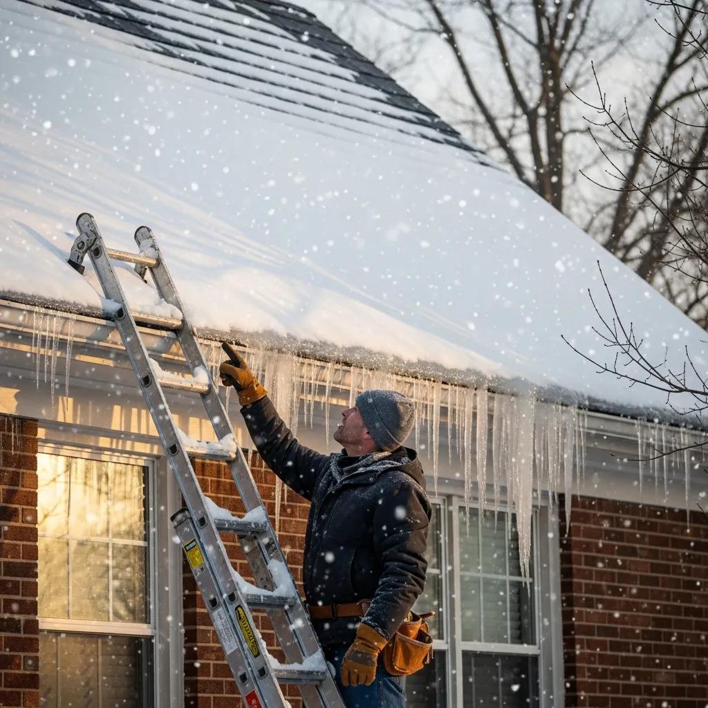 Homeowner inspecting a snow-covered roof for ice dams during winter
